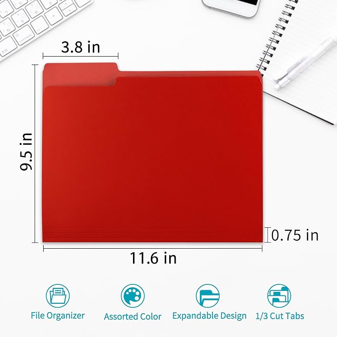 Two-Tone File Folder 8.5 x 11 Inch, 36 Pack Red File Folders, 1/3 Cut Tabs File - Image 2
