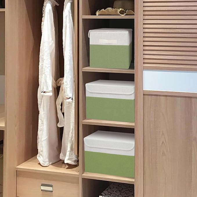 Large 17" 42 Quarts Collapsible Stackable Storage Bins with Lids [3-Pack] Foldable Fabric Linen Storage Boxes Cube, Closet Organizer Baskets with Label for Home (16.7 x 12 x 12", Green & White)-DeskLoop Office