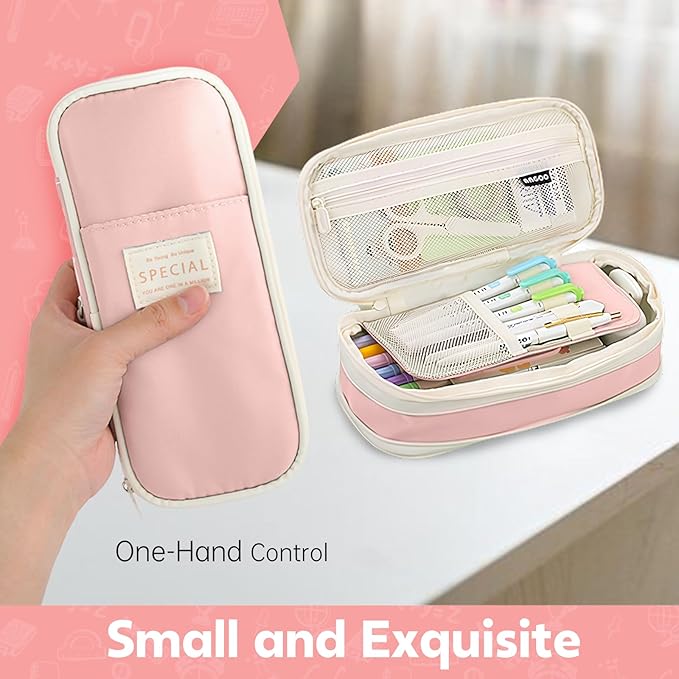 Pencil Case, Large Capacity Aesthetic Pencil Cases with Durable Zipper, Big Stationery Pencil Pouch for Women & Men, Adults Portable Storage Organizer Bag for College, office, Travel (Pink)-DeskLoop Office