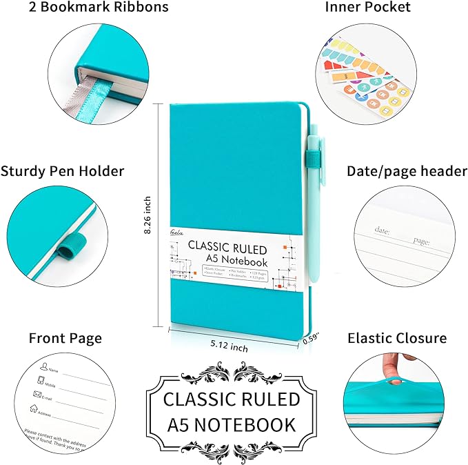 24 Pack Journal Notebook for Work, Feela Business Notebook Bulk Hardcover Lined Writing Journal with Pen Holder for Men Women Note Taking, with 24 Black Pens, 120 GSM, 5.1”x8.3”, A5, Emerald-DeskLoop Office