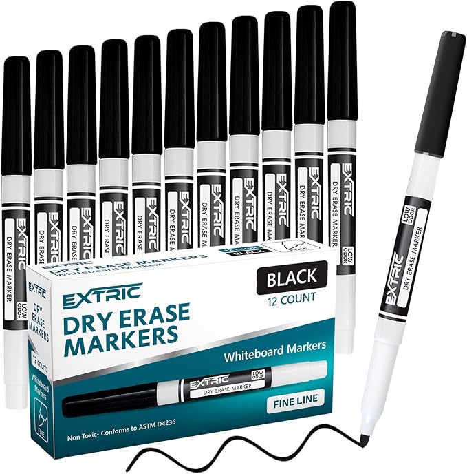 EXTRIC Black Dry Erase Markers Fine Tip 12 PK Whiteboard Markers | Use: School by EXTRIC