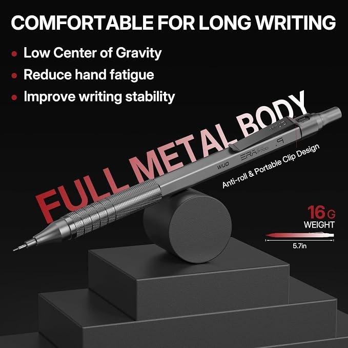 WUO 0.9mm Mechanical Pencil Set, 3 Grey Metal Drafting Pencils - Image 4