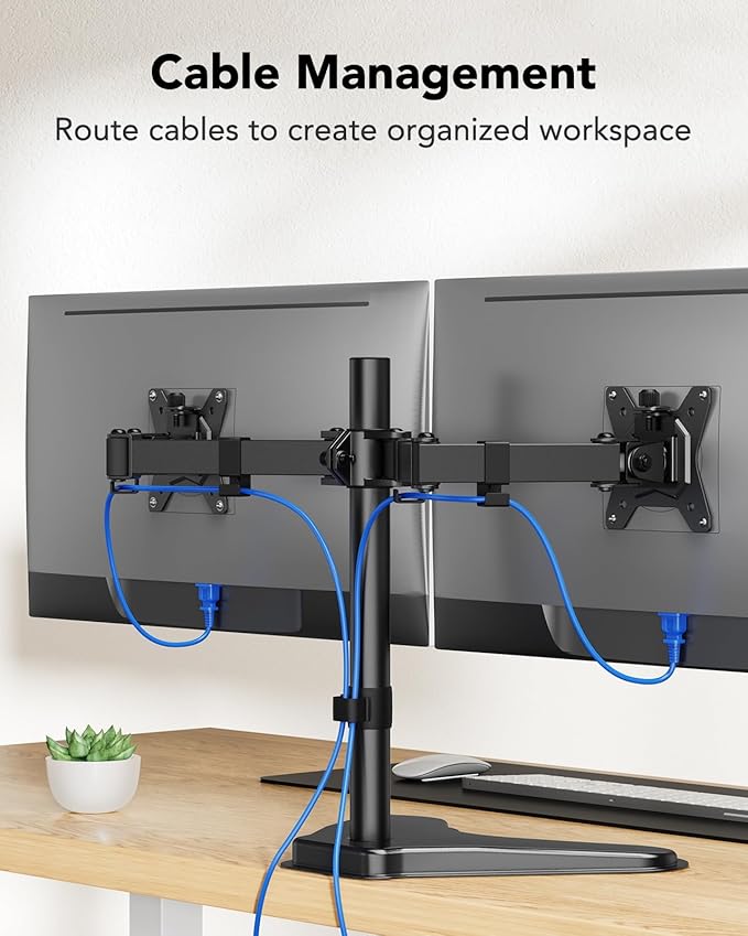 HUANUO 32 inches Dual Monitor Stand up to 17.6lbs per Arm, High-Grade Aluminum Free-Standing Dual Monitors Mount for 2 Screens. Fully Adjustable Dual Monitor Stand for Desk with Tilt, Swivel, Rotation-DeskLoop Office