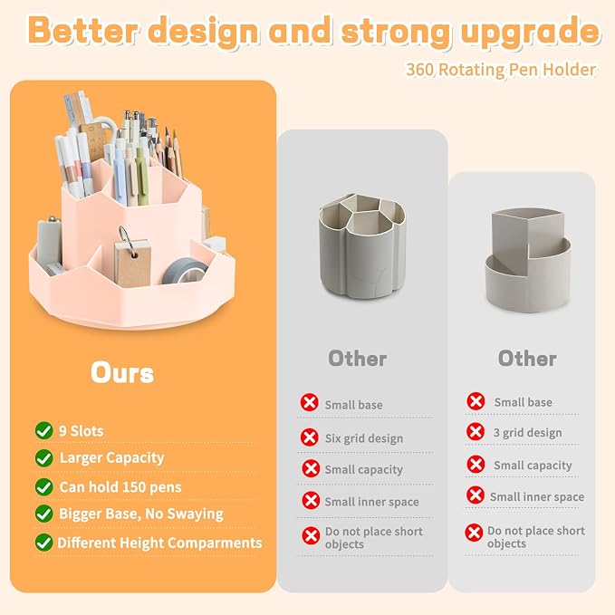 Pencil Pen Holder for Desk, 9 Slots 360 Degree Rotating Desk Organizers - Image 5