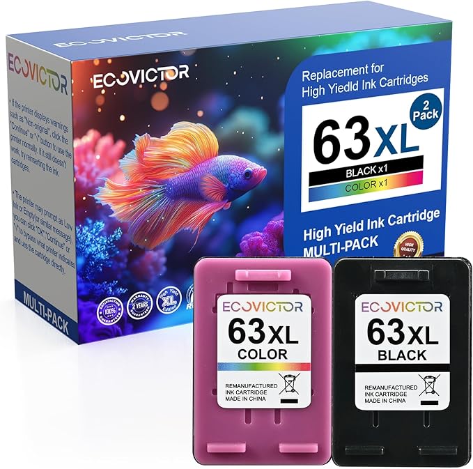 Eco-Friendly Remanufactured Ink Cartridge Replacement for HP 63 63XL HP63 Black and Color Combo 2 Pack for 3830 4650 4652 4655 4520 4512 5255 5258 5252 5200 3833 3630 3632 2132 2130 Printer-DeskLoop Office