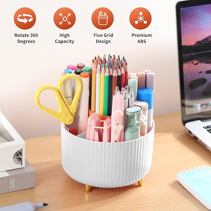 Desk Pencil Pen Holder, 5 Slots 360°Degree Rotating Pen Organizers - Image 2