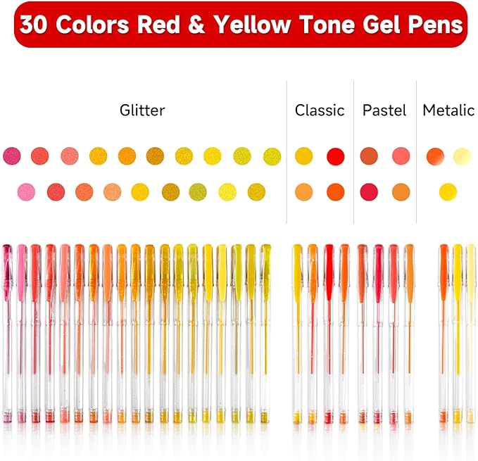 Shuttle Art 60 Pack Red Yellow Tone Gel Pens, 30 Red Orange Yellow Gel Pens with 30 Refills for Adults Coloring Books Journaling Drawing Nature, Landscapes, Animals Scenes-DeskLoop Office