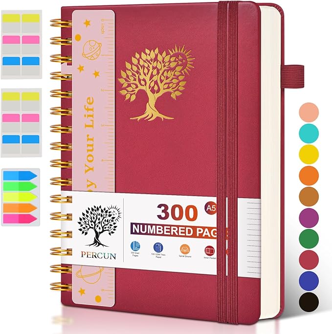 Spiral Notebook Journal for Women Men, 300 Numbered Lined Pages, College Ruled, A5 Hardcover Spiral Bound Notebook for School, Work, Note Taking Writing, Leather Spiral Journal Medium 5.9"x8.5"-DeskLoop Office