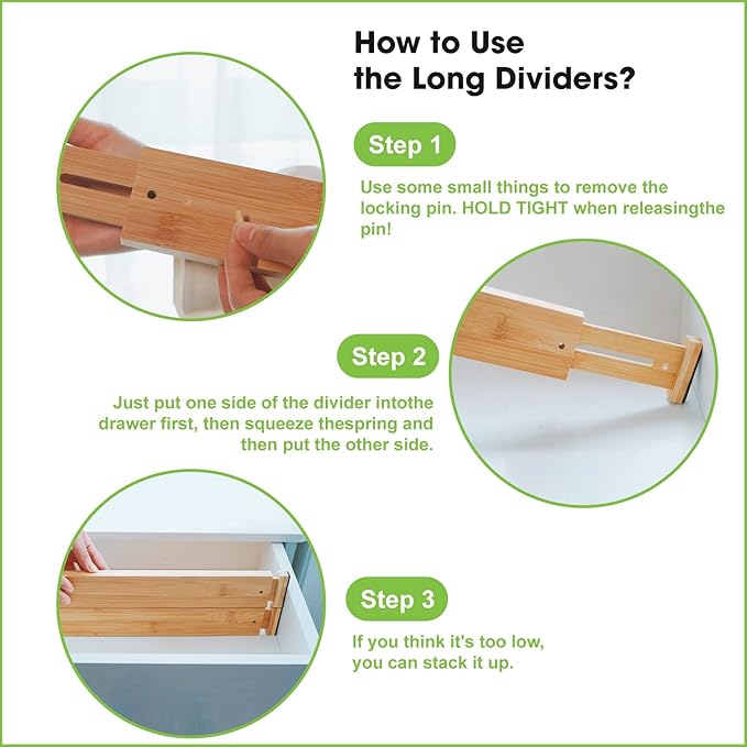 ANTOWIN Bamboo Drawer Dividers Organizers, Drawer Separators Splitter,17-22 inches Long Adjustable Spring-loaded Organizer for Large Utensil, Clothes, Tools Drawers(yellow)-DeskLoop Office