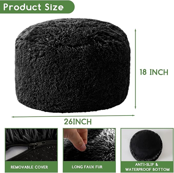 HIGOGOGO Round Stuffed Pouf Ottoman, Long Faux Fur Poufs with Foam Chunk Filling, Fluffy and Furry Pouf Foot Stool Storage Ottoman, 26 X 18 Floor Poufs Foot Rest for Living Room, Black-DeskLoop Office