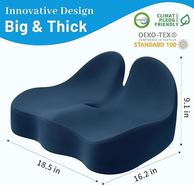 Seat Cushion, Memory Foam Office Chair Cushions, Ergonomic Curved Design for Sciatica, Tailbone, Coccyx, Seat Support for Car, Desk Chair, Wheelchair, Enhances Long Sitting Comfort (Blue)-DeskLoop Office