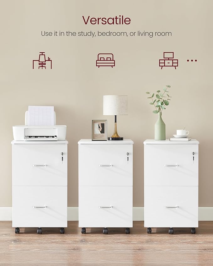 VASAGLE 2-Drawer File Cabinet, Locking Filing Cabinet for Home Office, Small Rolling Printer Stand, A4, Letter-Size Hanging Files, Assembly Required, White ULCD027T46V2-DeskLoop Office