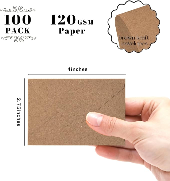 Goefun 100 Pack Mini Kraft Gift Card Envelopes 4 x 2.75 Inches | 120 GSM Brown - Image 2
