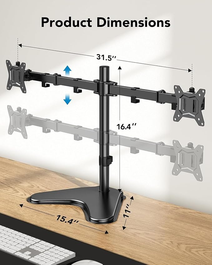 HUANUO 32 inches Dual Monitor Stand up to 17.6lbs per Arm, High-Grade Aluminum Free-Standing Dual Monitors Mount for 2 Screens. Fully Adjustable Dual Monitor Stand for Desk with Tilt, Swivel, Rotation-DeskLoop Office