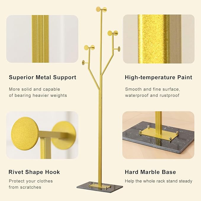 Heavy Duty Coat Rack Tree-shaped Metal Freestanding Coat Tree with Sturdy Marble Base Corner Coat Rack for Bedroom Entryway Hallway 14.96 x 10.24 x 68.9 Inches (Gold)-DeskLoop Office