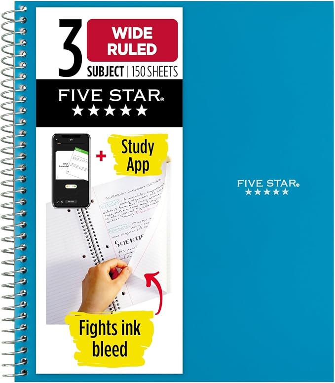 Five Star Spiral Notebook, 3 Subject, Wide Ruled | 8" x 10-1/2" | 150 Sheets | by FiveStar