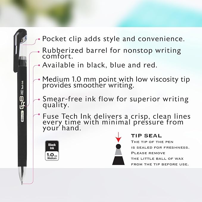 BAZIC Oil Gel Fuse Tech Ink Pen, GR8 Black Color w/Rubberized Barrel, 0.7 mm Medium Point Smooth Writing, for Office School (3/Pack), 24-Pack