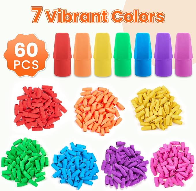 60 Pack Erasers for Kids, Sooez Pencil Top Erasers, Eraser Caps, Cap Toppers - Image 2