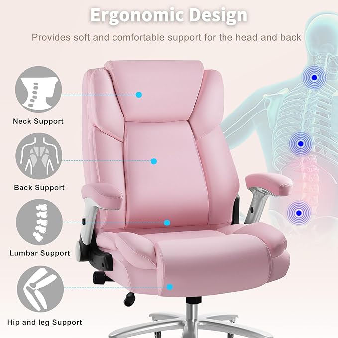 Big and Tall Office Chair 600lbs, Heavy Duty Executive Office Chair for Heavy People, Pink High Back Office Leather Ergonomic Chair with Adjustable Armrests and Lumbar Support for Computer Desk Chair-DeskLoop Office