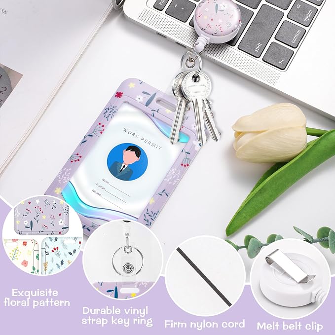 3 Set Badge Holder with Retractable Reel, Flower Pattern Retractable ID Badge - Image 3