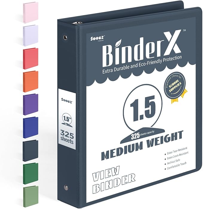 BinderX Extra Durable 3 Ring Binder, Round Rings 1.5 Inch Binder, Fits 325 by Sooez