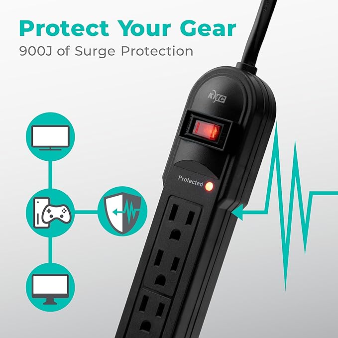 KMC 6-Outlet Surge Protector Power Strip 2-Pack, 900 Joules, 4-Foot Extension Cord, Overload Protection, Black-DeskLoop Office