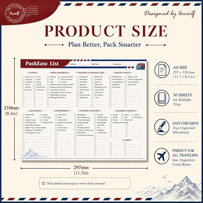 Large Travel Packing list PackEase checklist Essentials Memo Note Pad | A4 Size - Image 3