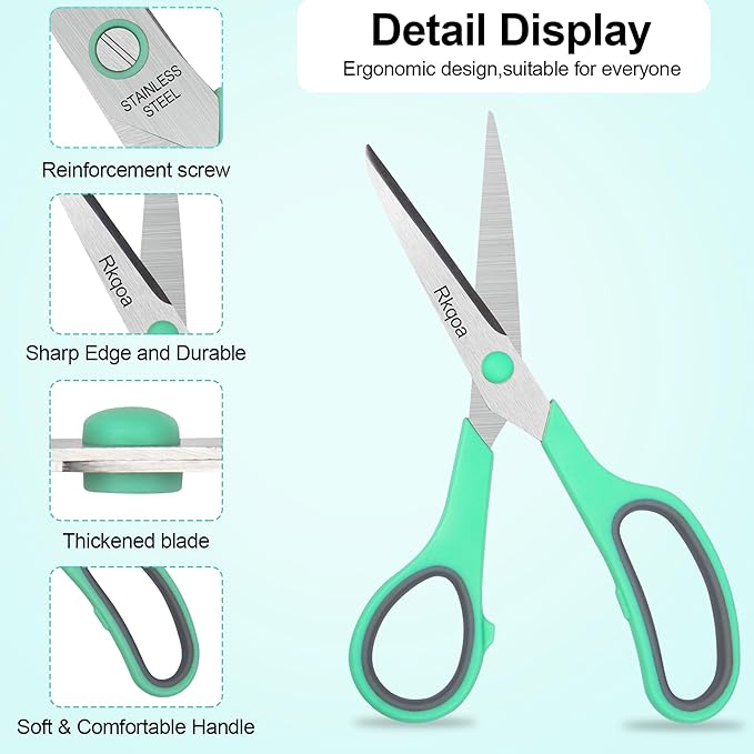 Black 6 Scissors Pack, Rkqoa 8" All Purpose Scissor - High Performance and Designed for Everyday use, Stainless Steel Shears Set with Comfort Grip, Right/Left Handed