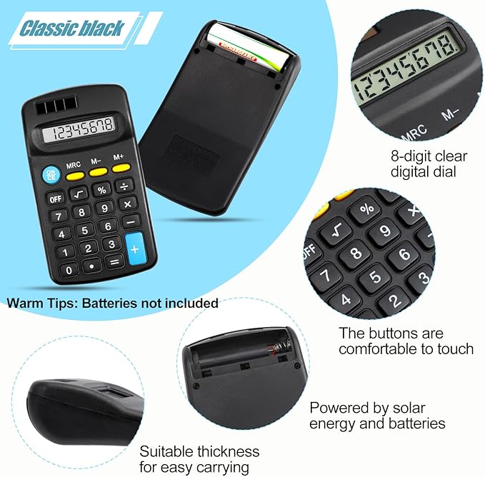 24 Pieces Pocket Calculator,Pocket Size Mini Calculators,Solar Battery Dual Power Function Calculator,8 Digit Display Basic Calculator for Students Kids Home Office(Black)-DeskLoop Office