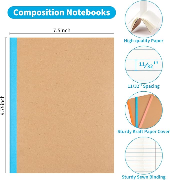 12 Pack Composition Notebook Journals Bulk, 7-1/2" x 9-3/4", Wide Ruled Paper - Image 2
