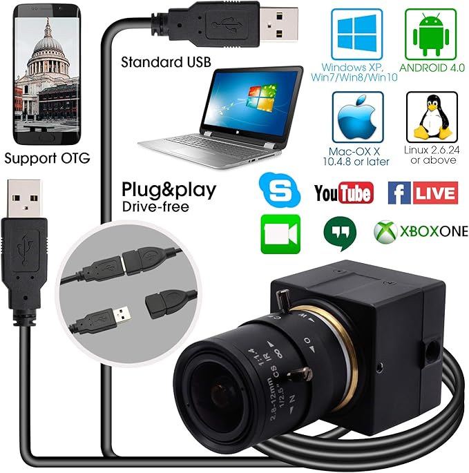 SVPRO 1080P HD Webcam with Zoom Lens 2.8-12mm Manual Focus Camera 30fps/60fps/100pfs High Definition USB Camera UVC Free Drive for PC & Laptop