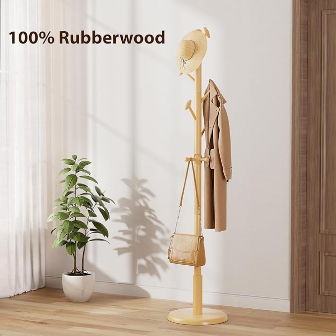 Solid Wood Coat Rack Freestanding Coat Tree with 10 Hooks for Bedroom, Livingroom, Entryway, Sturdy Coat Hanger Stand for Hats, Coats, Scarves, Handbags, Purses-DeskLoop Office