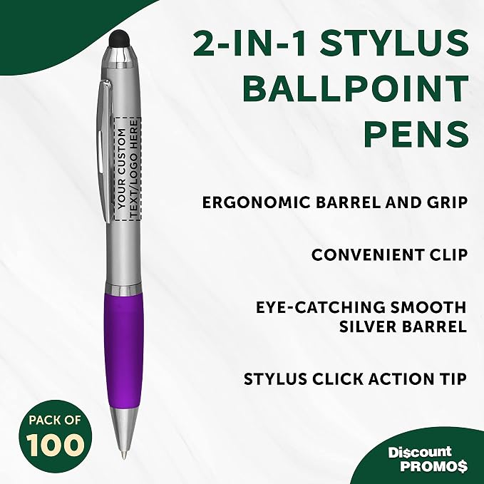 DISCOUNT PROMOS Custom Stylus Ballpoint Pens Set of 100, Personalized Bulk Pack - Image 3