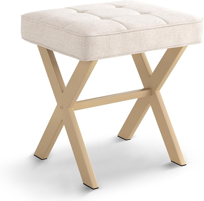 LUE BONA Square Linen Makeup Stool, Metal X Legs, Small Ottoman Stool Chair - Image 8