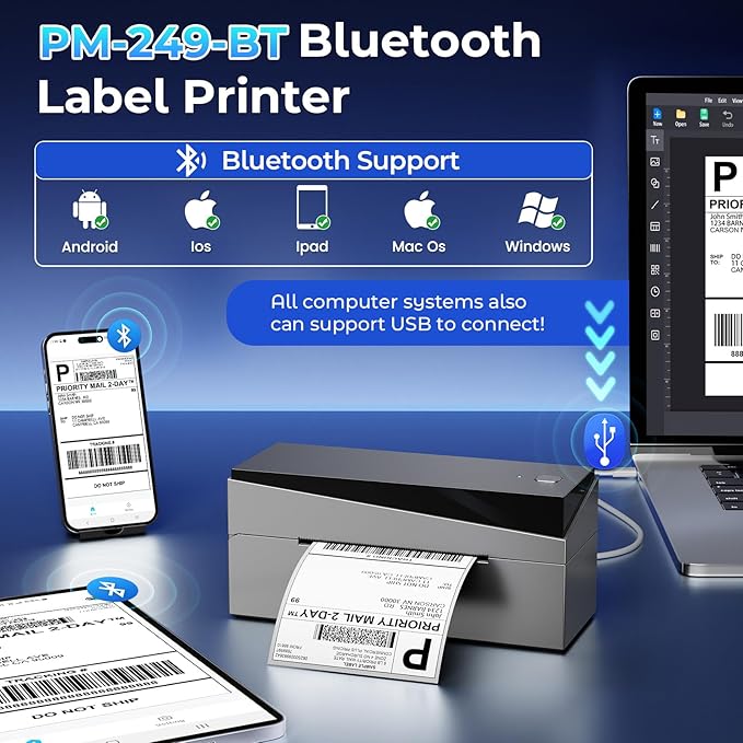 Bluetooth Shipping Label Printer 4x6, 249BT Thermal Label Printer 4x6 for Small Business, Shipping Packages, Office, Home, Compatible with Android iPhone iPad Windows macOS Chrome USPS Etsy-DeskLoop Office