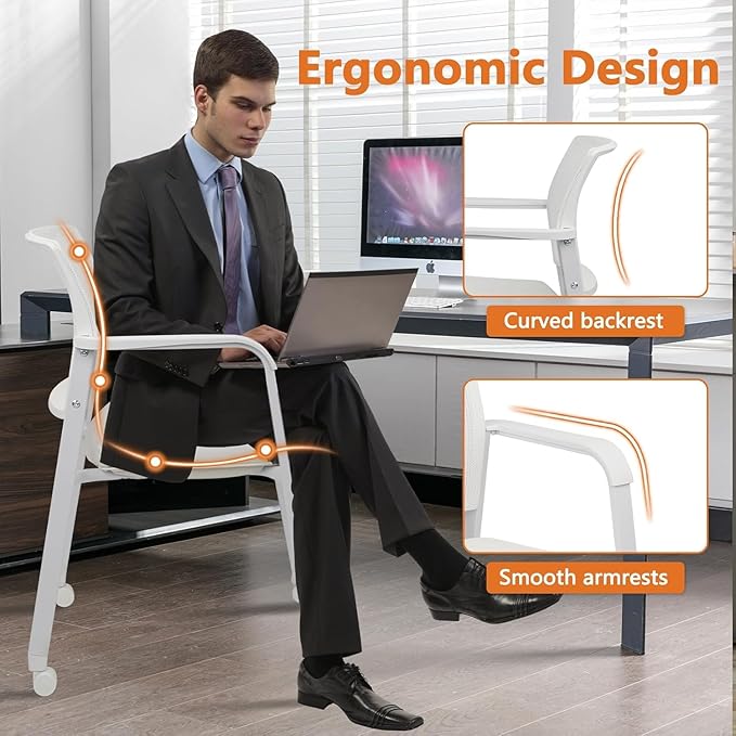 CLATINA Stacking Office Chairs with Wheels | Mesh Back, Thicken Leather Seat and Streamline Armrests, Ergonomic Lumber Support | School, Desk, Guest Reception, Waiting, Conference | Set of 8, White-DeskLoop Office