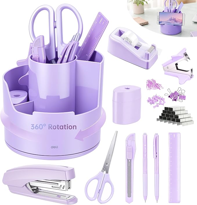 deli Purple Office Supplies, 14 in 1 Desk Accessories Set by delioffice