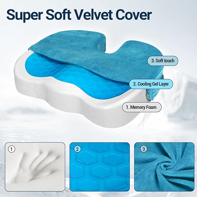 Gel Seat Cushion for Car Office - Memory Foam Pain Relief Chair Pillow Cushions - Tailbone Sciatica Coccyx Butt Lumbar Support Pad for Sitting Driving Traveling, Velvet, Blue-DeskLoop Office