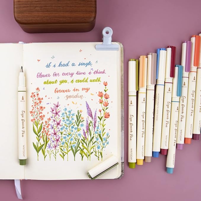 WRITECH Arts Sign Brush Pen Brush Tip Marker Felt Tip Water Based Ink Color Pens 12 Assorted Vintage Colors Great for Lettering Journaling Calligraphy (Vintage)-DeskLoop Office