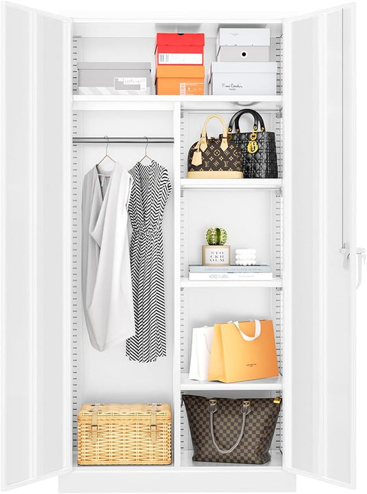Greenvelly Metal Storage Wardrobe Cabinet with Lock, 72" White Metal Wardrobe Closet for Hanging Clothes with Doors and Shelves, Modern Clothes Closet for Home, Office and Bedroom, School,Gym-DeskLoop Office