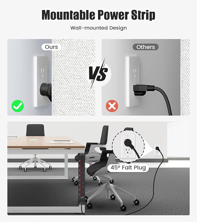 Heavy Duty Power Strip with Individual Switches,8 Outlets 14 Gauge Industrial Shop Garage Metal Multiple Outlets,1200J Surge Protector Mountable Power Strip,15FT Extension Cord Management (Black)-DeskLoop Office