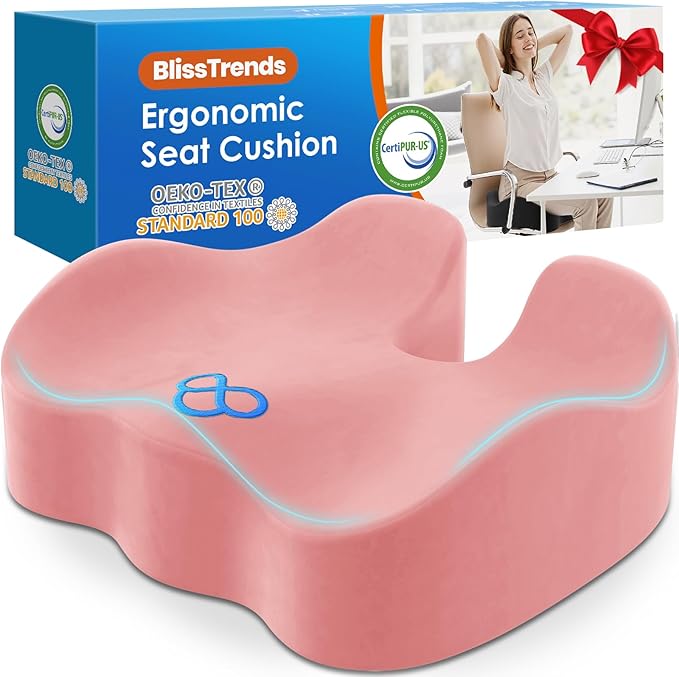 BlissTrends Seat Cushion,5.2in Thick Memory Foam Cushions for Office Chair, Car Seat, Airplane, Relieving Pressure Tailbone Sciatica Back Pain for Long Sitting Office Workers, Car Drivers Pink-DeskLoop Office