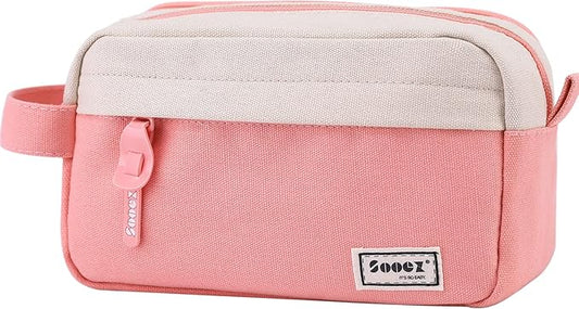 Sooez Big Capacity Pencil Case, Upgraded Canvas Pencil Pouch Large Pencil Bag Organizer, Separate Compartments Easy Grip Handle, Aesthetic Supply for School Teens Adults, Pink Pen Case-DeskLoop Office