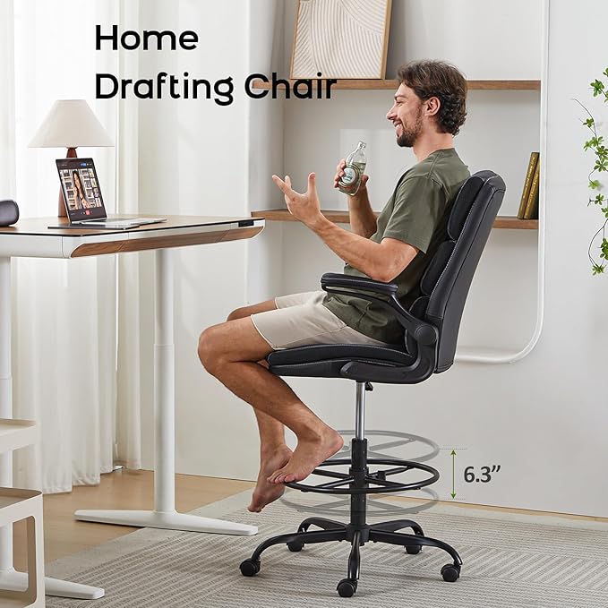 Drafting Chair Tall Office Chair with Padded Flip-up Armrests Executive Ergonomic Computer Standing Desk Chair with Comfortable Leather Backrest and Adjustable Footrest Ring (Black)-DeskLoop Office