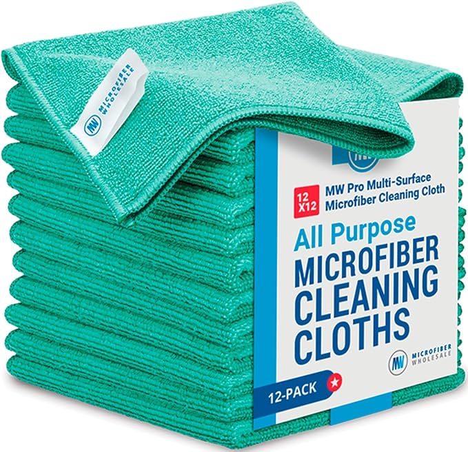 12" x 12" MW Pro Multi-Surface Microfiber Cleaning Cloths | Green - 12 Pack | Premium Microfiber Towels for Cleaning Glass, Kitchens, Bathrooms, Automotive, Supplies & Products-DeskLoop Office