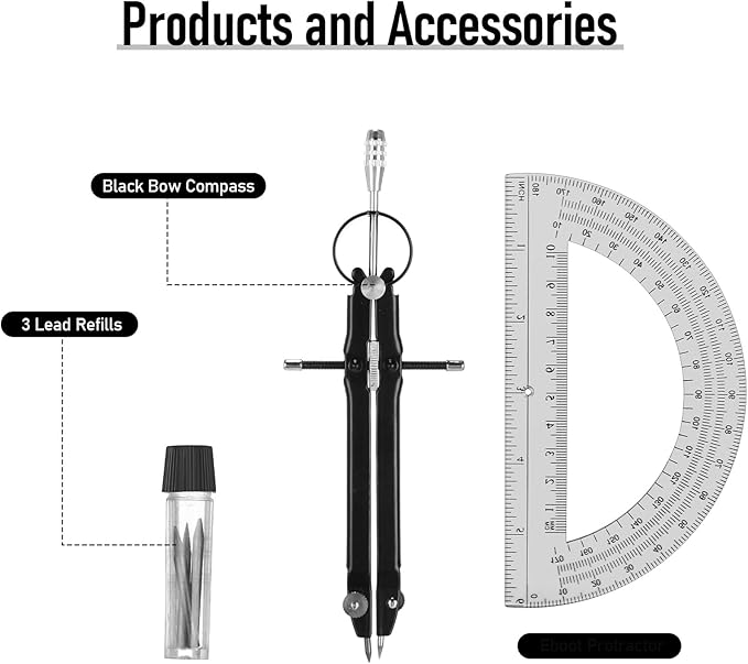 EBOOT Student Geometry Math Set, Drawing Compass and 6 Inch Clear Swing Arm Protractors 180 Degree Math Protractor (Black and Black)-DeskLoop Office