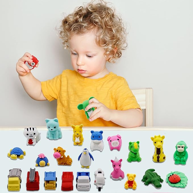 72 Pcs Assorted Animal Pencil Erasers Desk Pets, Bulk Mini Pencil Erasers Gifts for Classroom Prizes Reward Goodie Bag Easter Egg Fillers Party Favors (Animal and Car)-DeskLoop Office