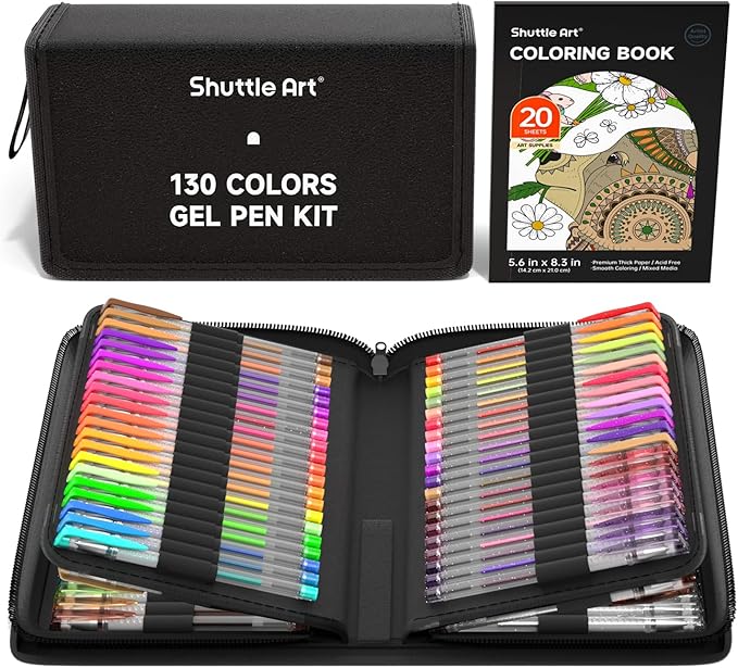 Shuttle Art Gel Pens, 130 Colors Gel Pen with 1 Coloring Book in Travel Case for Adults Coloring Books Drawing Crafts Scrapbooking Journaling-DeskLoop Office