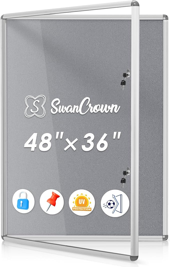 SWANCROWN Enclosed Bulletin Board 48x36 in, Tamperproof Lockable Grey Felt Board Wall Display Case for Office School Home, Aluminum Frame-DeskLoop Office