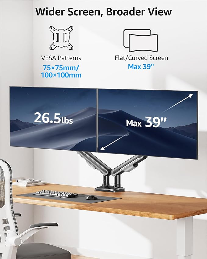 MOUNTUP Dual Monitor Mount Holds 4.4-26.5lbs, Heavy Duty Monitors Arm for 39 37 34 32 27inch, Gas Spring Monitor Stand for 2 Monitor, Height Adjustable Monitors Desk Mount with C-Clamp＆Grommet Base-DeskLoop Office